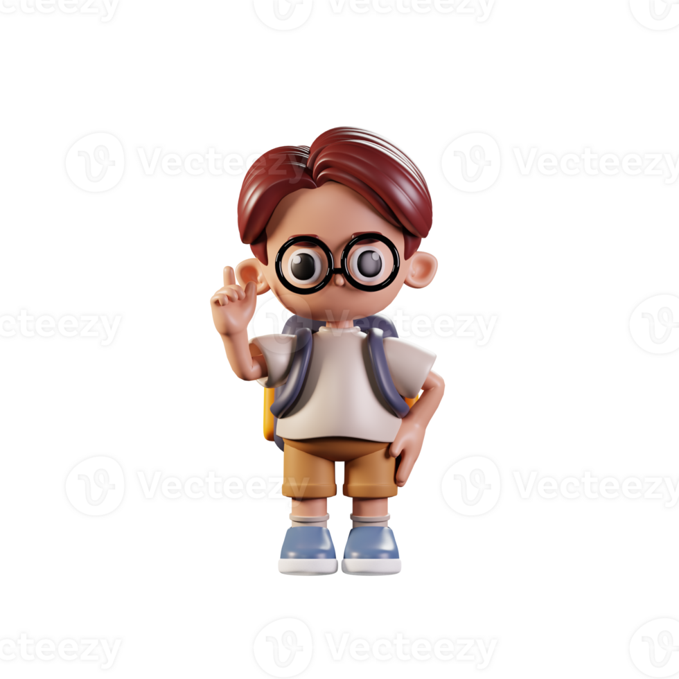 3d Character Student Pointing Up Pose. 3d render isolated on transparent backdrop. png