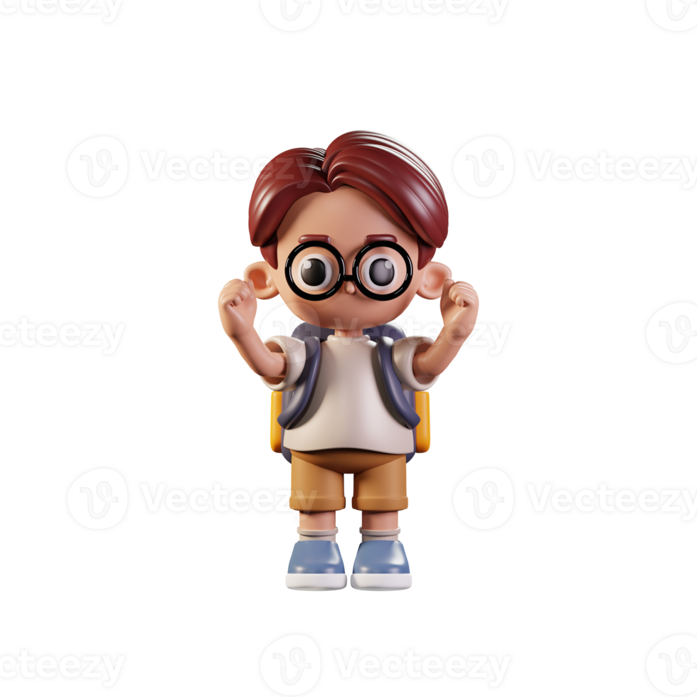 3d Character Student Excited Pose. 3d render isolated on transparent backdrop. png