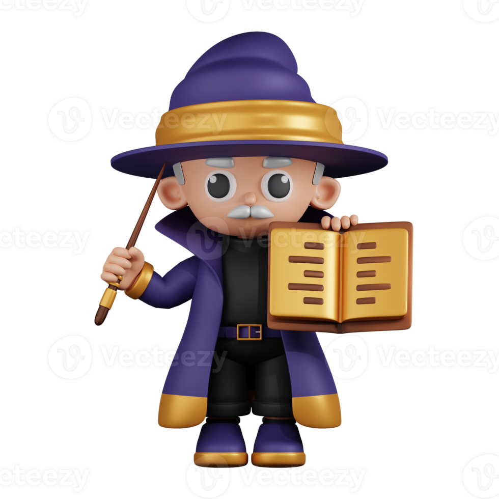 3d Character Wizard Showing Spellbook while Holding Little Stick Pose. 3d render isolated on transparent backdrop. png