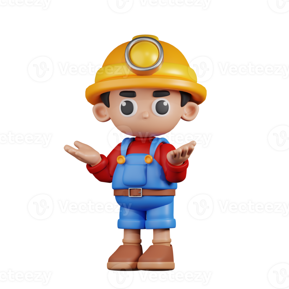 3d Character Miner Confused Pose. 3d render isolated on transparent backdrop. png