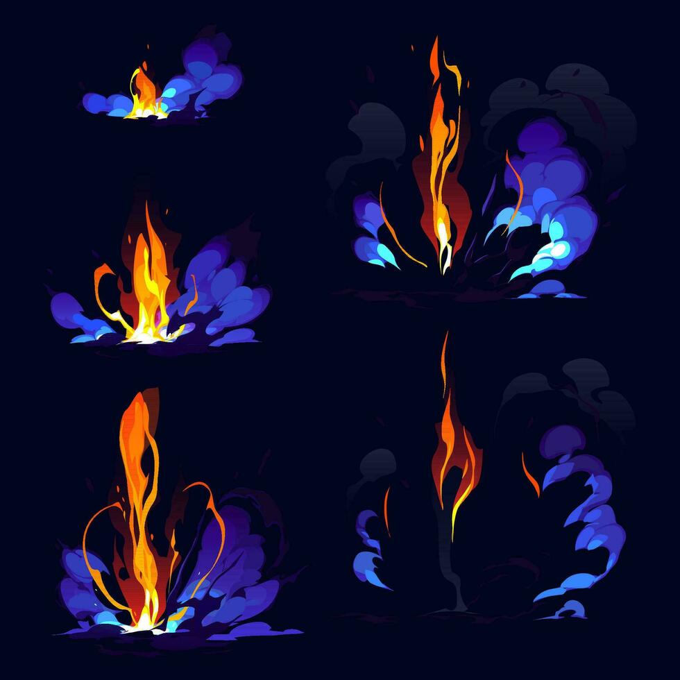 bomb explosion, fire set. Boom clouds and smoke elements for ui game design. Dangerous explosive detonation, atomic comics detonators for mobile animation, isolated vector icons, Cartoon dynamite.