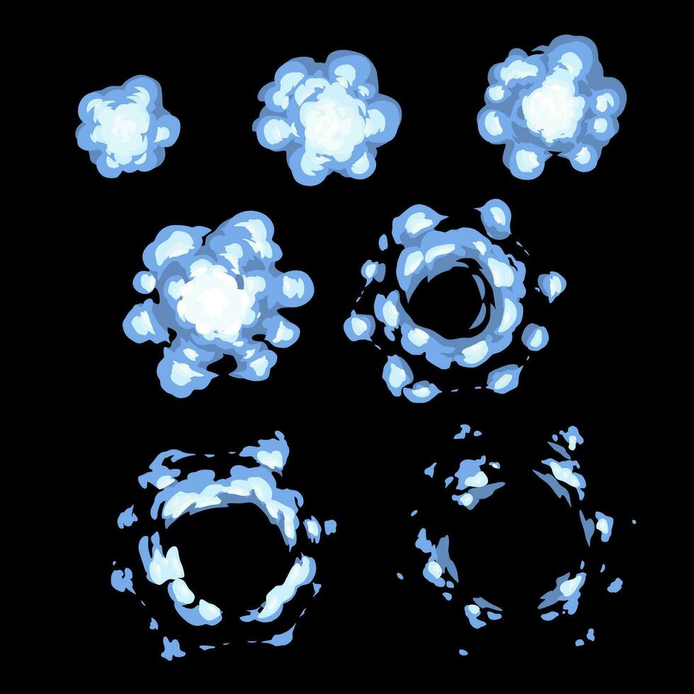 Bomb explosion clouds vector icons. Cartoon boom effect and smoke elements for ui game design. Dynamite danger explosive detonation, atomic comics clouds.