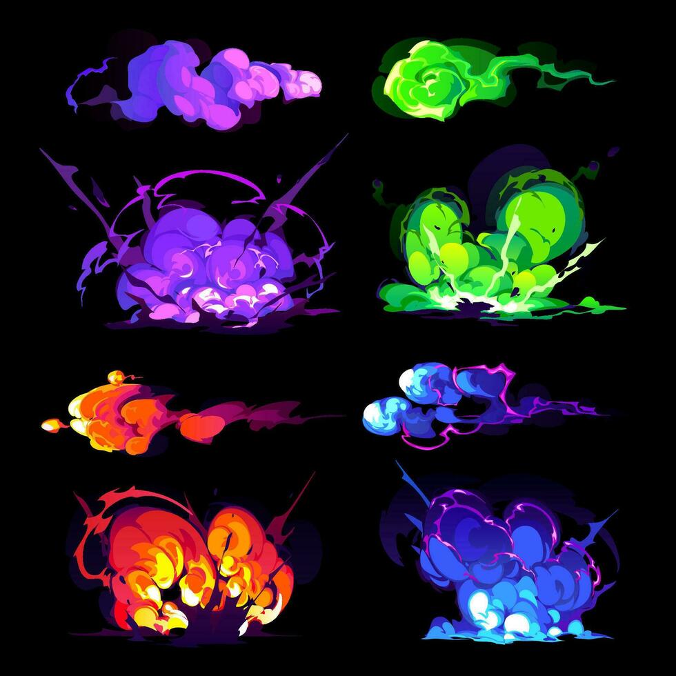 bomba explosión, fuego colocar. auge nubes y fumar elementos para ui juego diseño. peligroso explosivo detonación, atómico historietas detonadores para móvil animación, aislado vector iconos, dibujos animados dinamita.