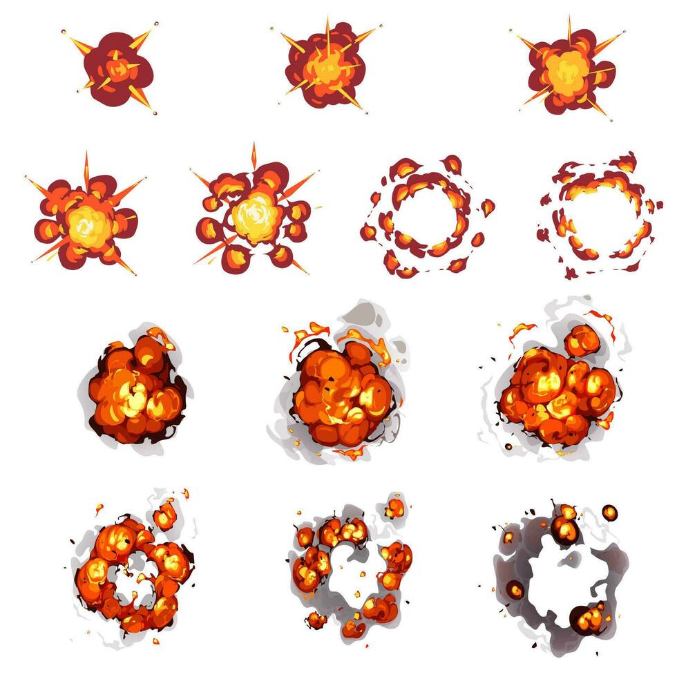 bomb explosion, fire set. Boom clouds and smoke elements for ui game design. Dangerous explosive detonation, atomic comics detonators for mobile animation, isolated vector icons, Cartoon dynamite.