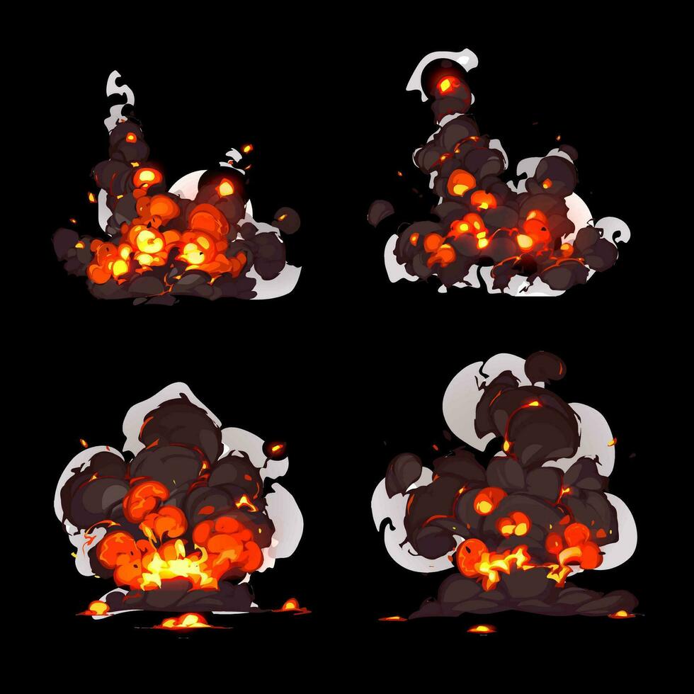 bomb explosion, fire set. Boom clouds and smoke elements for ui game design. Dangerous explosive detonation, atomic comics detonators for mobile animation, isolated vector icons, Cartoon dynamite.