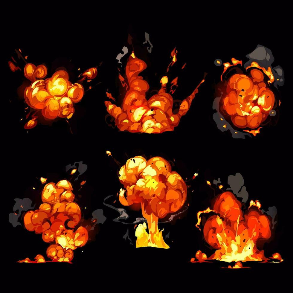 bomb explosion, fire set. Boom clouds and smoke elements for ui game design. Dangerous explosive detonation, atomic comics detonators for mobile animation, isolated vector icons, Cartoon dynamite.