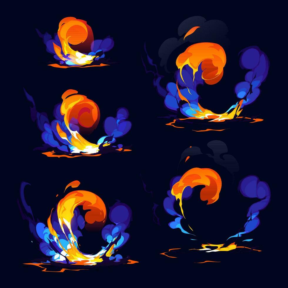 bomb explosion, fire set. Boom clouds and smoke elements for ui game design. Dangerous explosive detonation, atomic comics detonators for mobile animation, isolated vector icons, Cartoon dynamite.