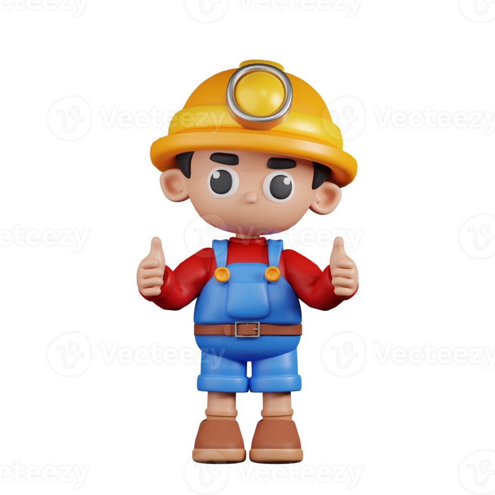 3d Character Miner Giving A Thumb Up Pose. 3d render isolated on transparent backdrop. png