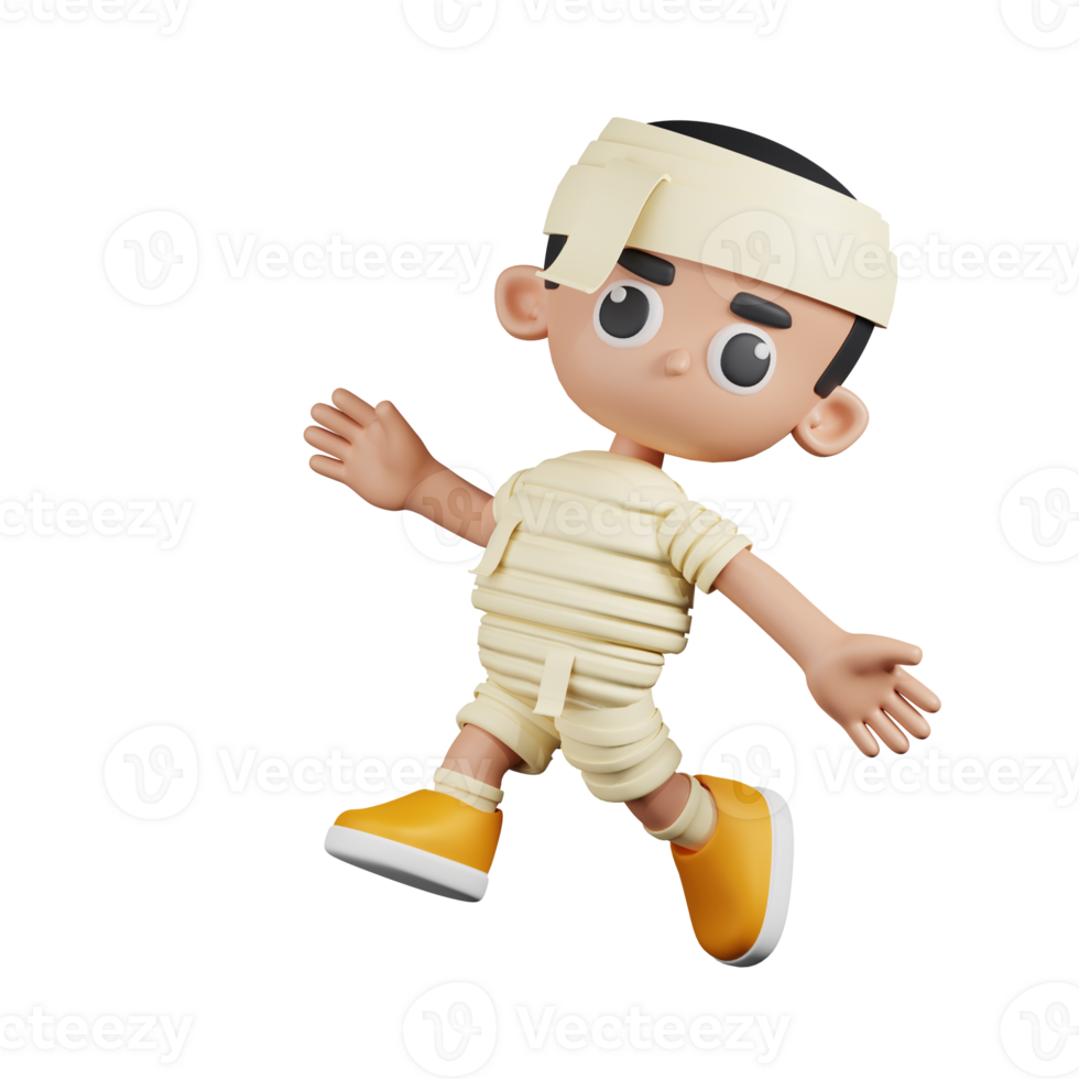 3d Character Mummy Happy Jumping Pose. 3d render isolated on transparent backdrop. png
