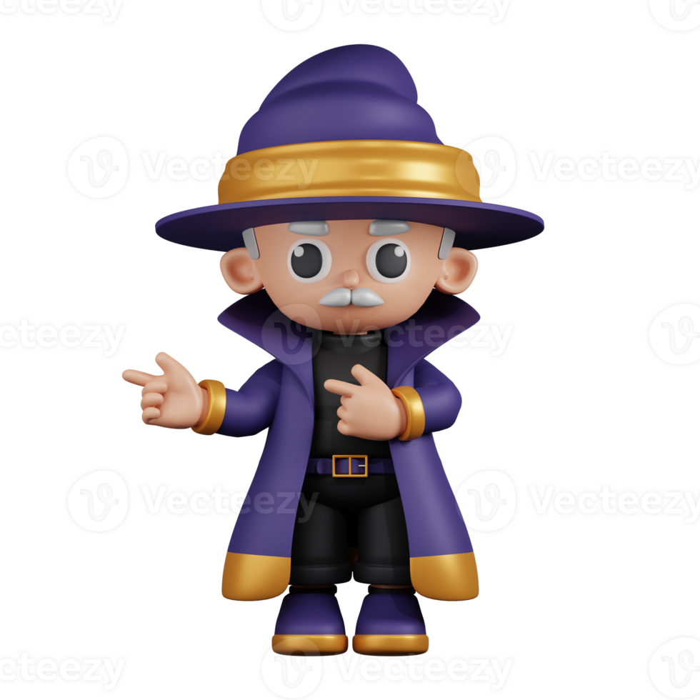 3d Character Wizard Pointing Fingers In Direction Pose. 3d render isolated on transparent backdrop. png