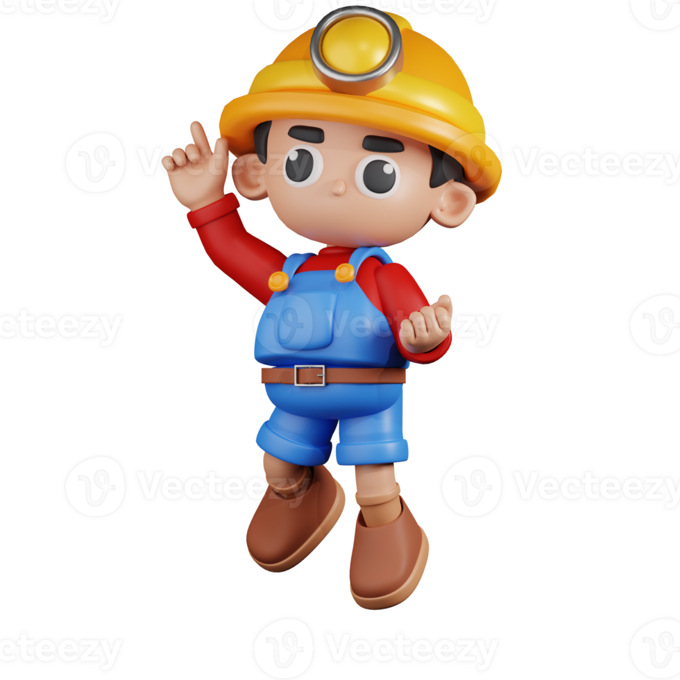 3d Character Miner Happy Jumping Pose Pose. 3d render isolated on transparent backdrop. png