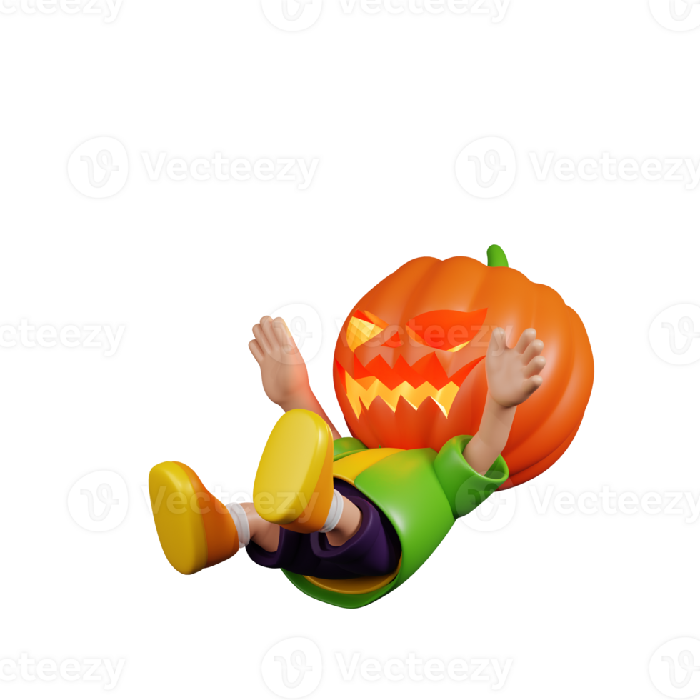 3d Character Pumpkin Falling Pose. 3d render isolated on transparent backdrop. png