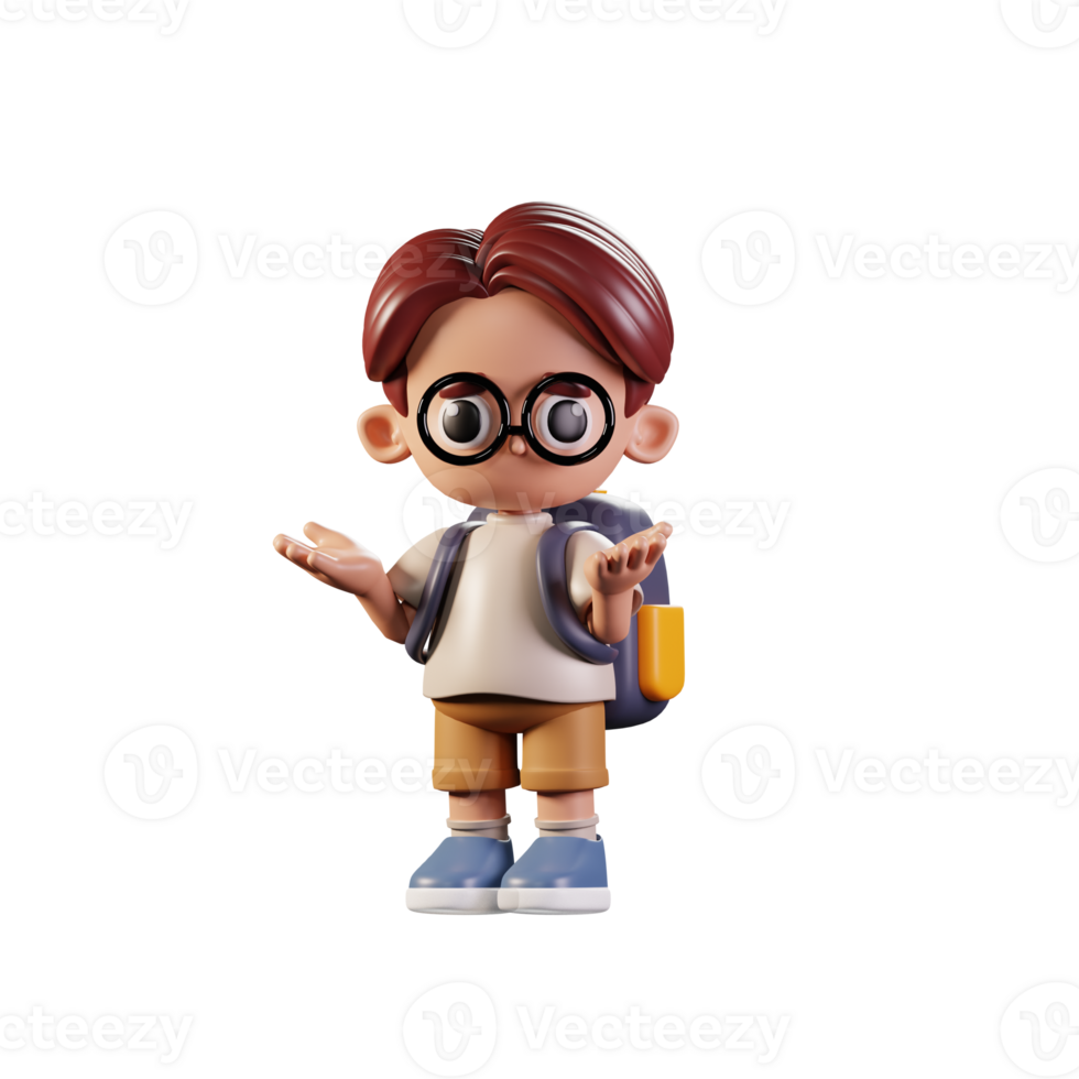 3d Character Student Confused Pose. 3d render isolated on transparent backdrop. png