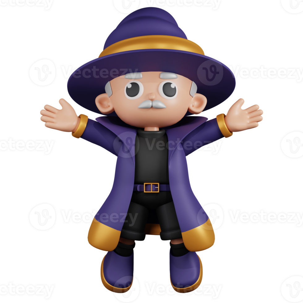 3d Character Wizard Jumping Celebration Pose. 3d render isolated on transparent backdrop. png