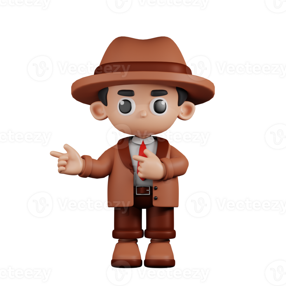 3d Character Detective Pointing Fingers In Direction Pose. 3d render isolated on transparent backdrop. png