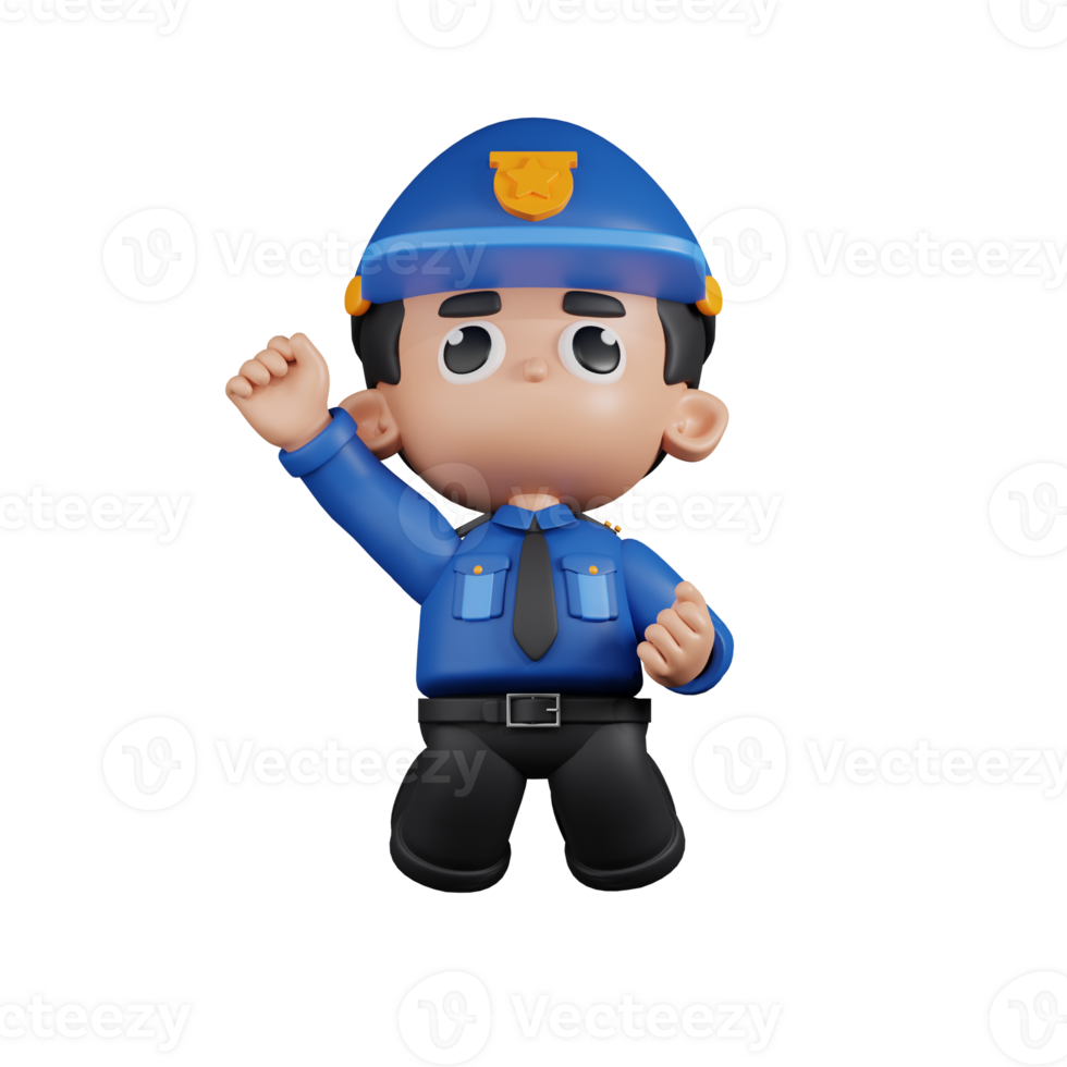 3d Character Policeman Jumping In The Air Pose. 3d render isolated on transparent backdrop. png