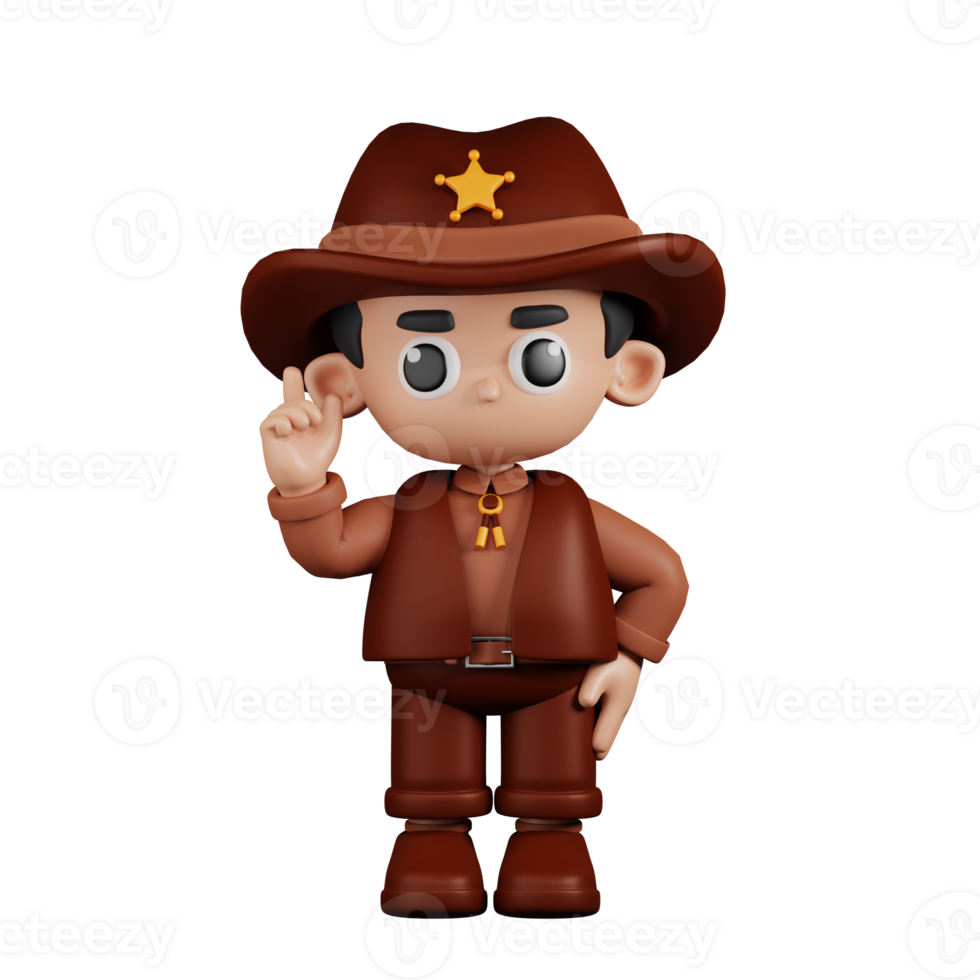 3d Character Sheriff Pointing Up Pose. 3d render isolated on transparent backdrop. png