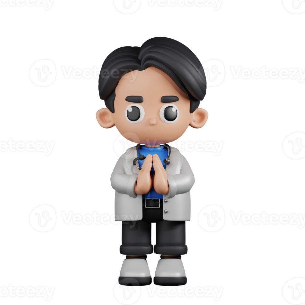 3d Character Doctor Apologizing Pose. 3d render isolated on transparent backdrop. png