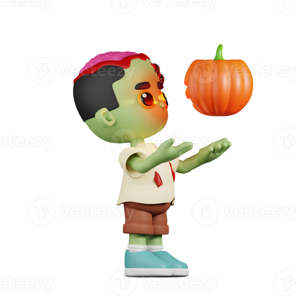 3d Character Zombie Having a Pumpkin Pose. 3d render isolated on transparent backdrop. png
