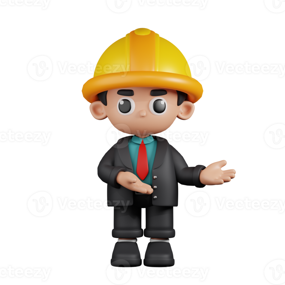 3d Character Engineer Pointing To Something Pose. 3d render isolated on transparent backdrop. png