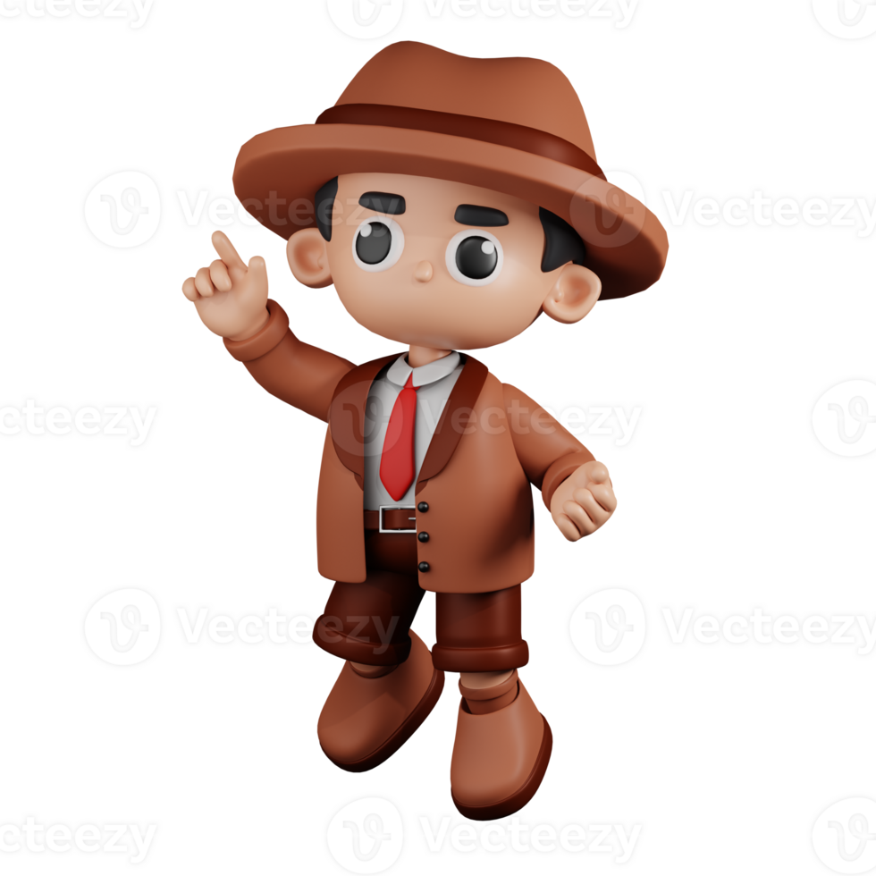 3d Character Detective Happy Jumping Pose Pose. 3d render isolated on transparent backdrop. png