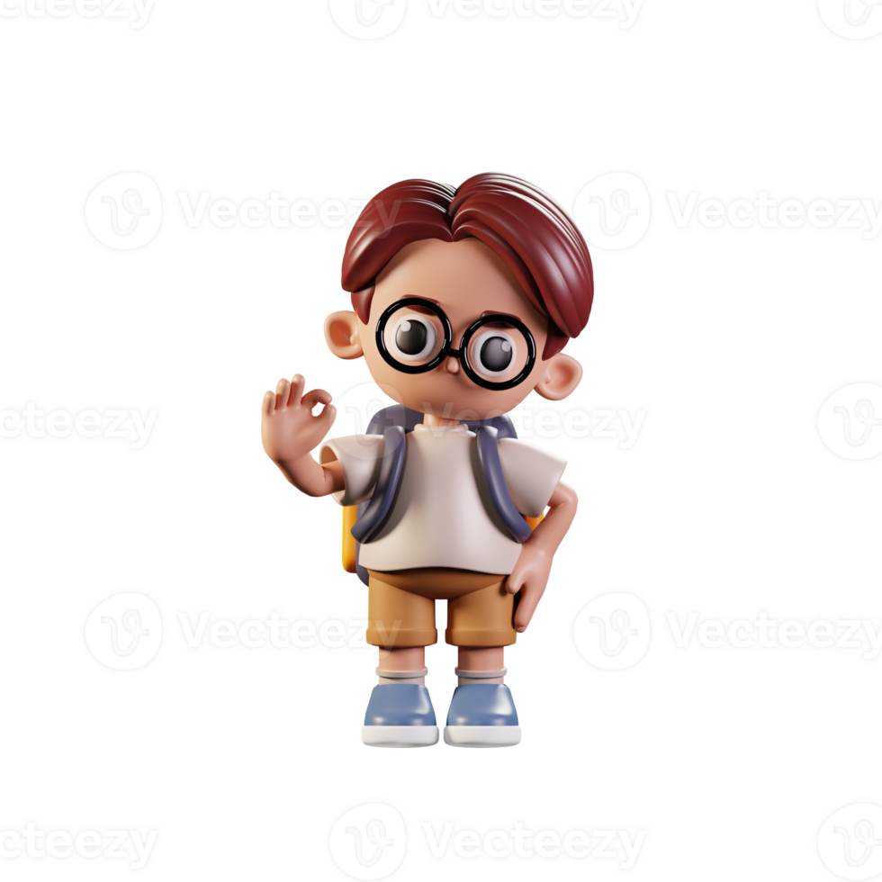 3d Character Student Giving Ok Sign Pose. 3d render isolated on transparent backdrop. png
