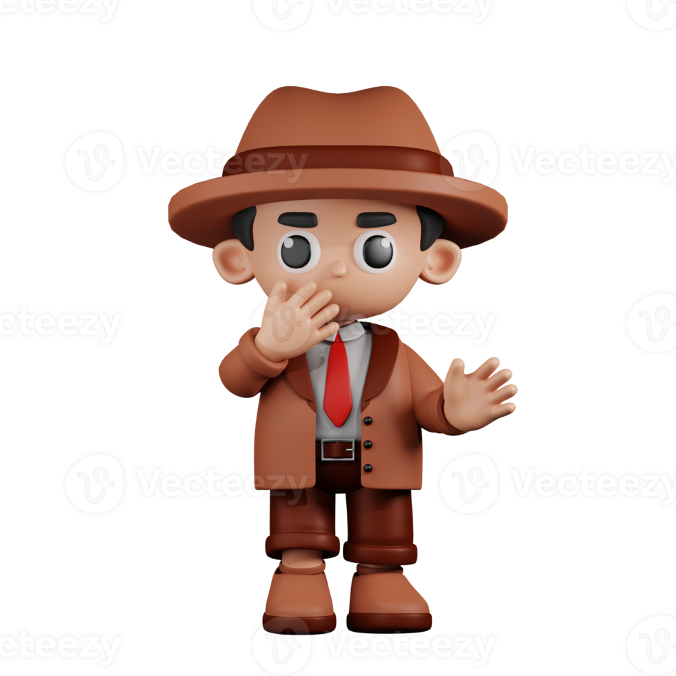 3d Character Detective Surprised Pose. 3d render isolated on transparent backdrop. png