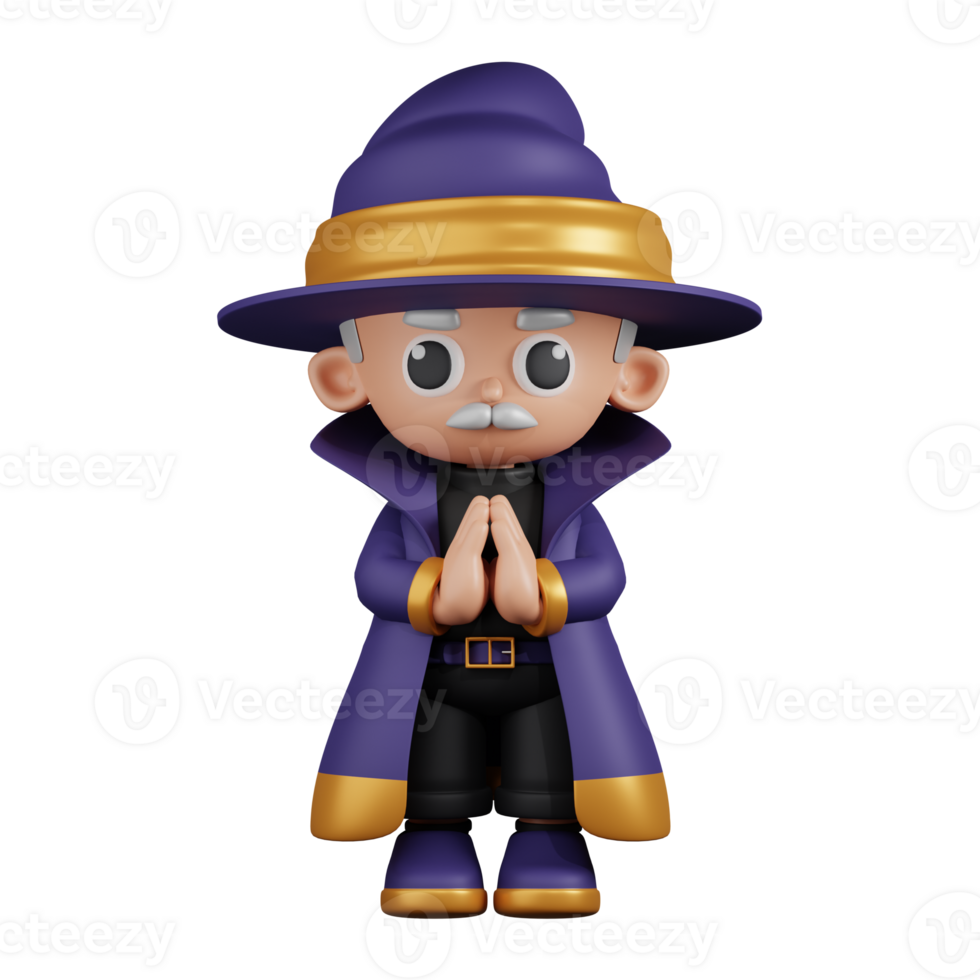 3d Character Wizard Apologizing Pose. 3d render isolated on transparent backdrop. png