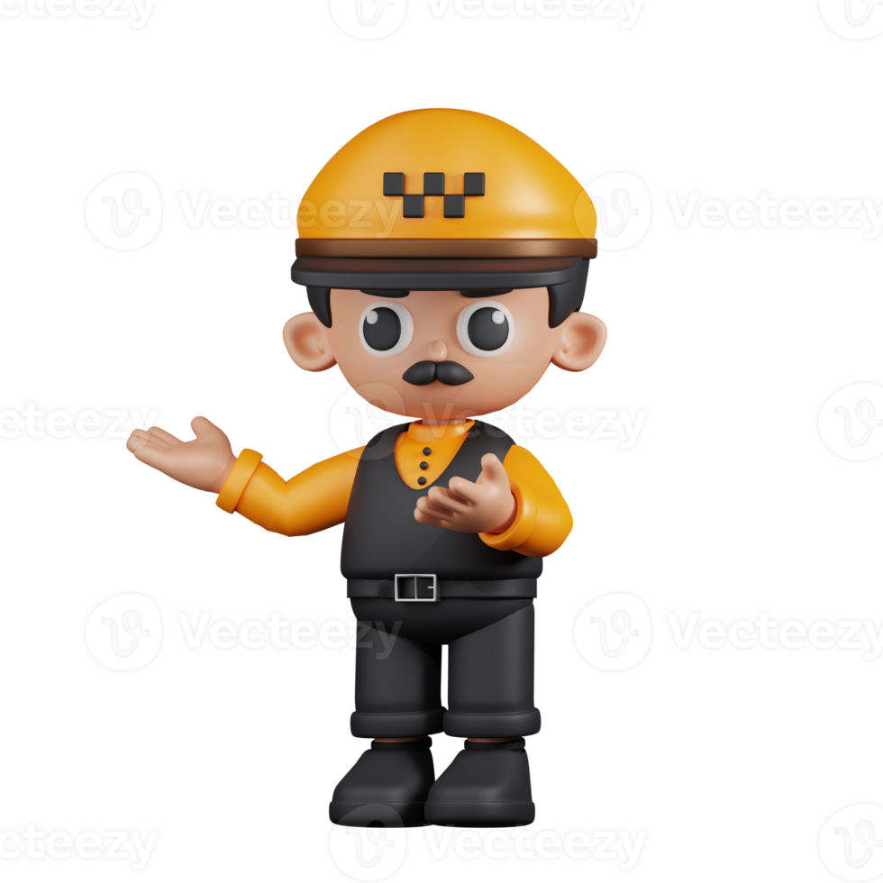 3d Character Taxi Driver Presenting Pose. 3d render isolated on transparent backdrop. png