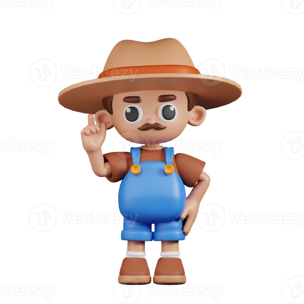 3d Character Farmer Pointing Up Pose. 3d render isolated on transparent backdrop. png