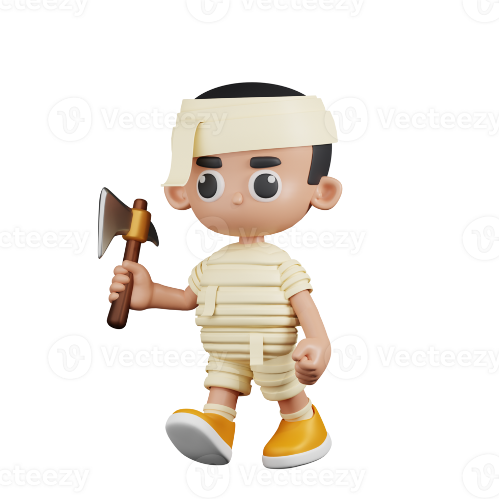3d Character Mummy Holding A Big Axe Pose. 3d render isolated on transparent backdrop. png