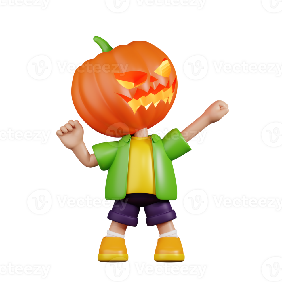 3d Character Pumpkin Looking Victorious Pose. 3d render isolated on transparent backdrop. png