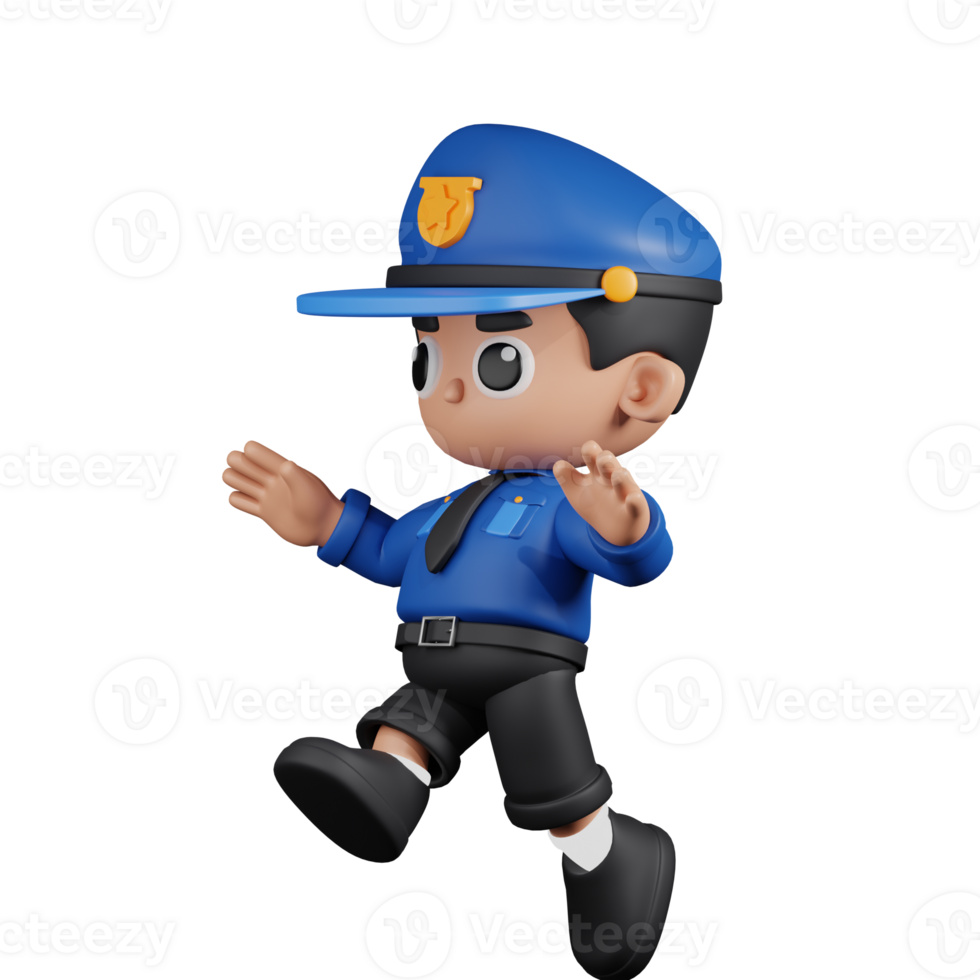 3d Character Policeman Jumping Pose. 3d render isolated on transparent backdrop. png