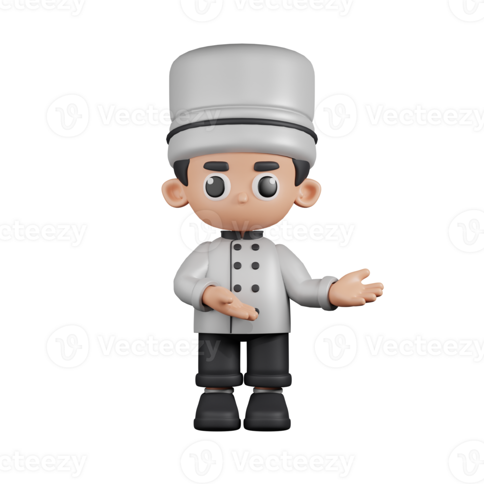 3d Character Chef Pointing To Something Pose. 3d render isolated on transparent backdrop. png