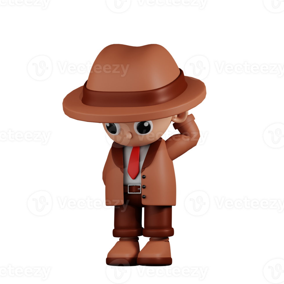 3d Character Detective Worry Pose. 3d render isolated on transparent backdrop. png