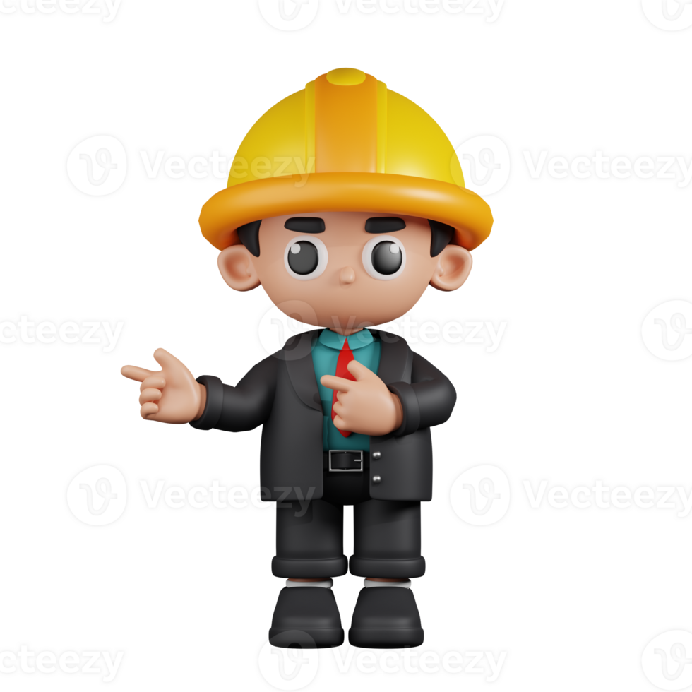 3d Character Engineer Pointing Fingers In Direction Pose. 3d render isolated on transparent backdrop. png