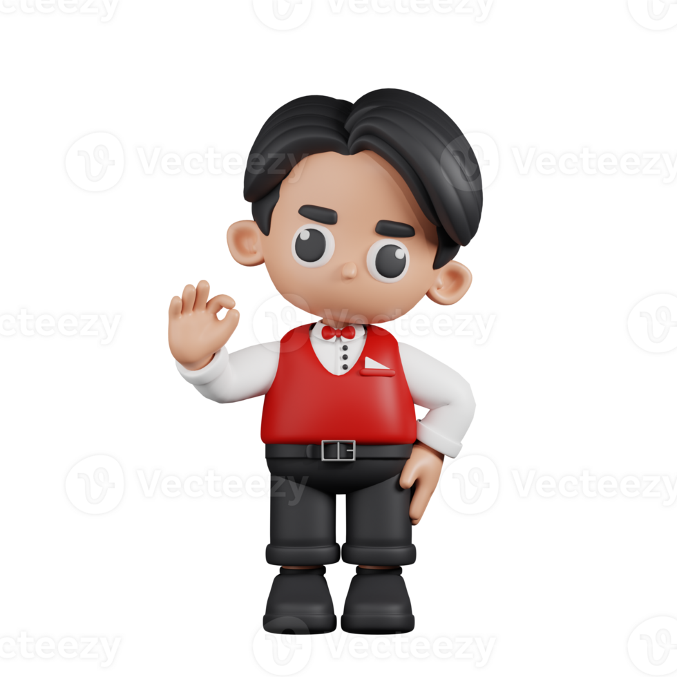 3d Character Waitress Giving Ok Sign Pose. 3d render isolated on transparent backdrop. png