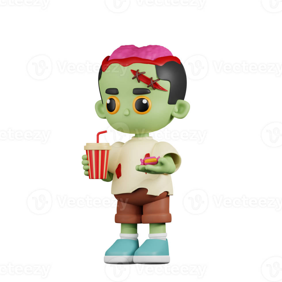 3d Character Zombie With A Cup Of Soda Drink And Candy Pose. 3d render isolated on transparent backdrop. png