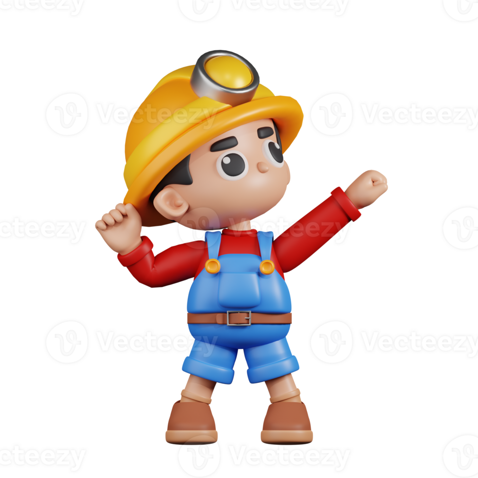 3d Character Miner Looking Victorious Pose. 3d render isolated on transparent backdrop. png