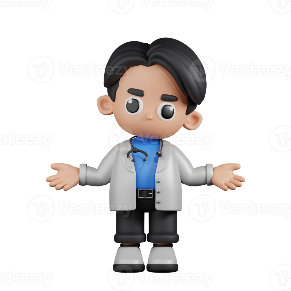 3d Character Doctor Doing The No Idea Pose. 3d render isolated on transparent backdrop. png
