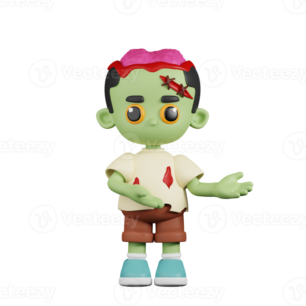 3d Character Zombie Pointing To Something Pose. 3d render isolated on transparent backdrop. png