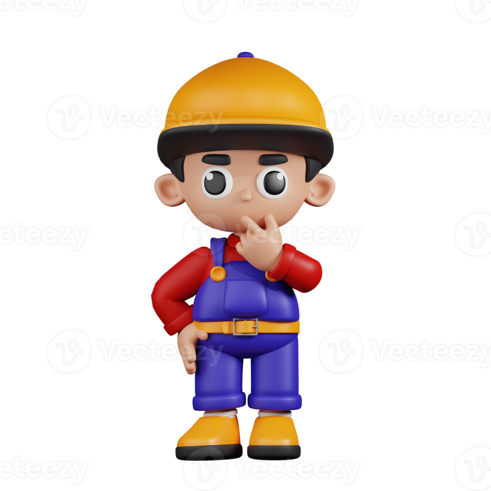 3d Character Mechanic Curious Pose. 3d render isolated on transparent backdrop. png