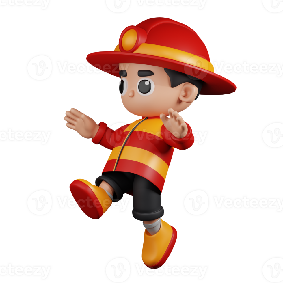 3d Character Firefighter Jumping Pose. 3d render isolated on transparent backdrop. png