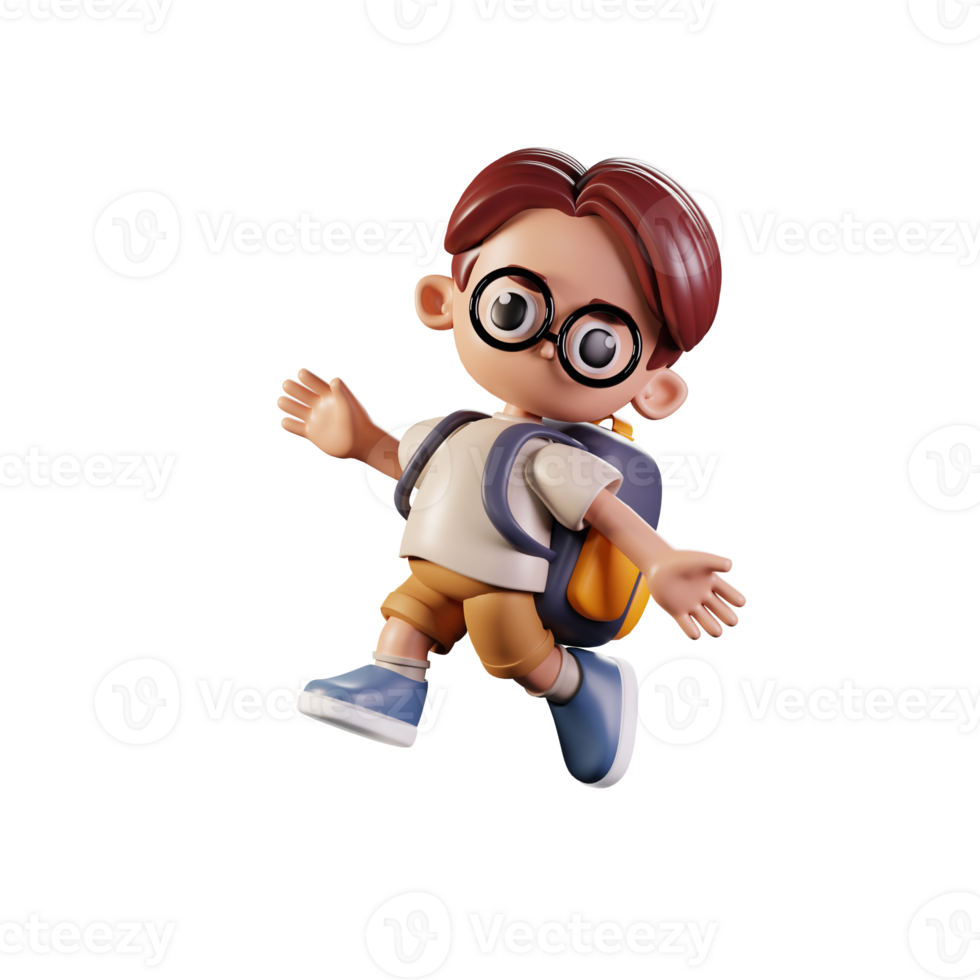 3d Character Student Happy Jumping Pose. 3d render isolated on transparent  backdrop. png