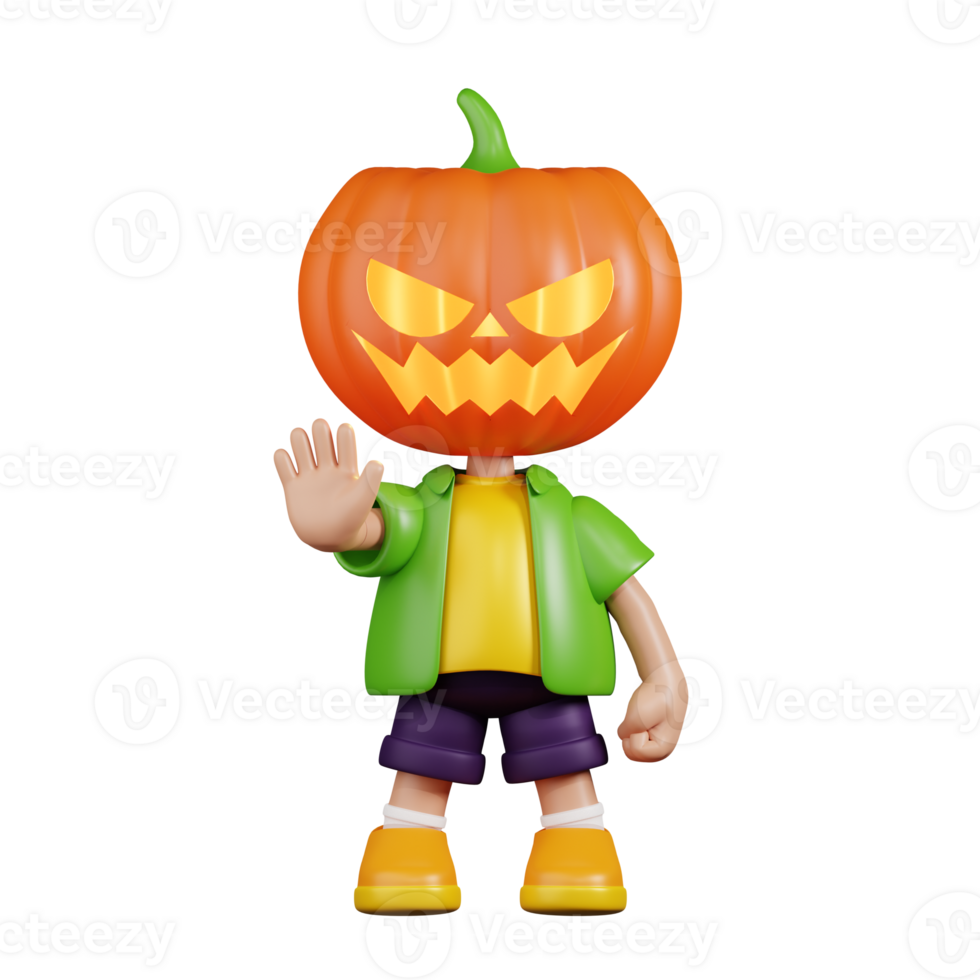 3d Character Pumpkin Doing The Stop Sign Pose. 3d render isolated on transparent backdrop. png