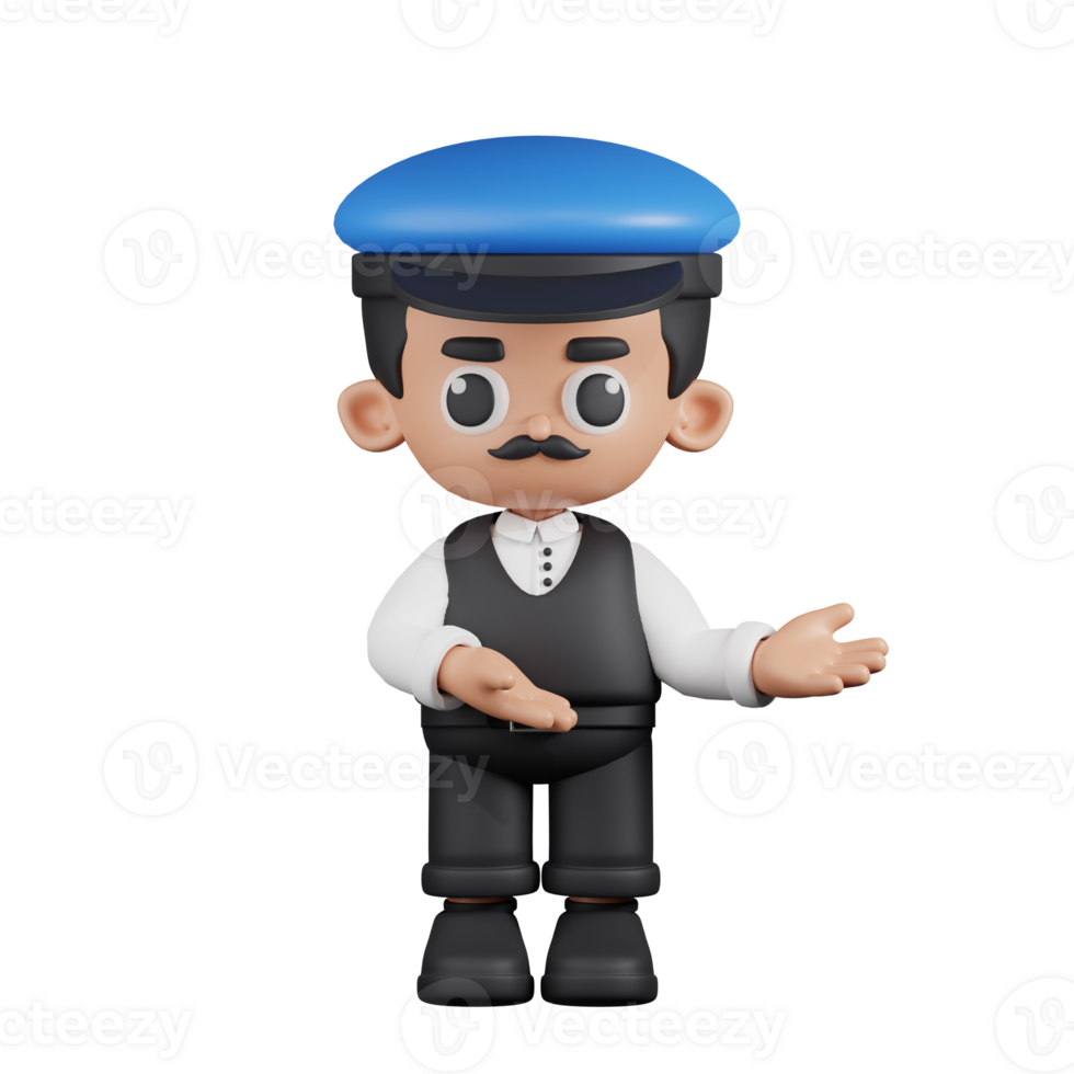 3d Character Driver Pointing To Something Pose. 3d render isolated on transparent backdrop. png