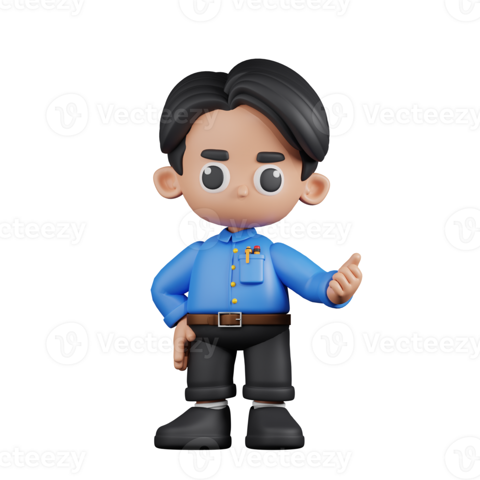 3d Character Teacher Pointing Next Pose. 3d render isolated on transparent backdrop. png
