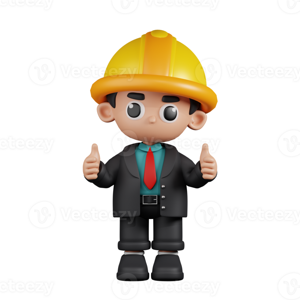 3d Character Engineer Giving A Thumb Up Pose. 3d render isolated on transparent backdrop. png
