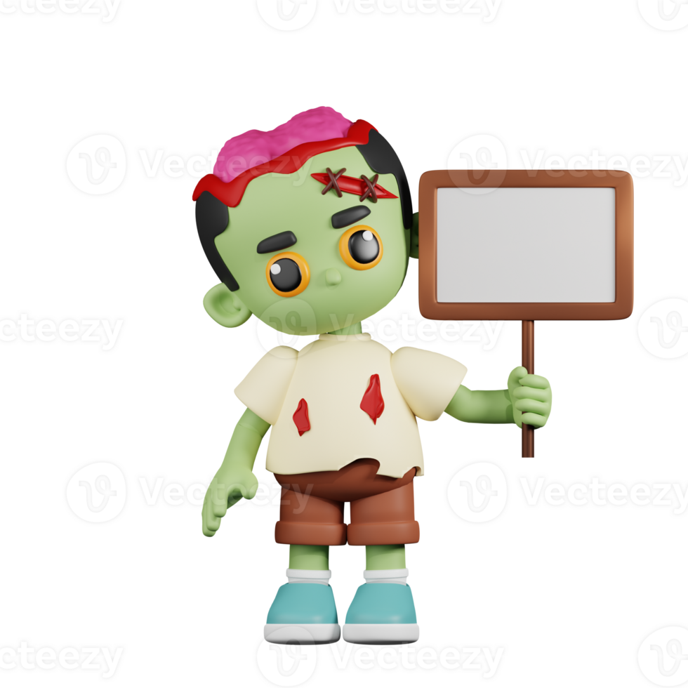 3d Character Zombie With White Paper Sign Pose. 3d render isolated on transparent backdrop. png