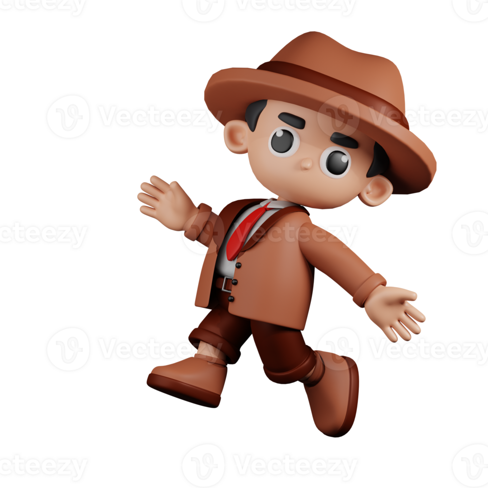 3d Character Detective Happy Jumping Pose. 3d render isolated on transparent backdrop. png